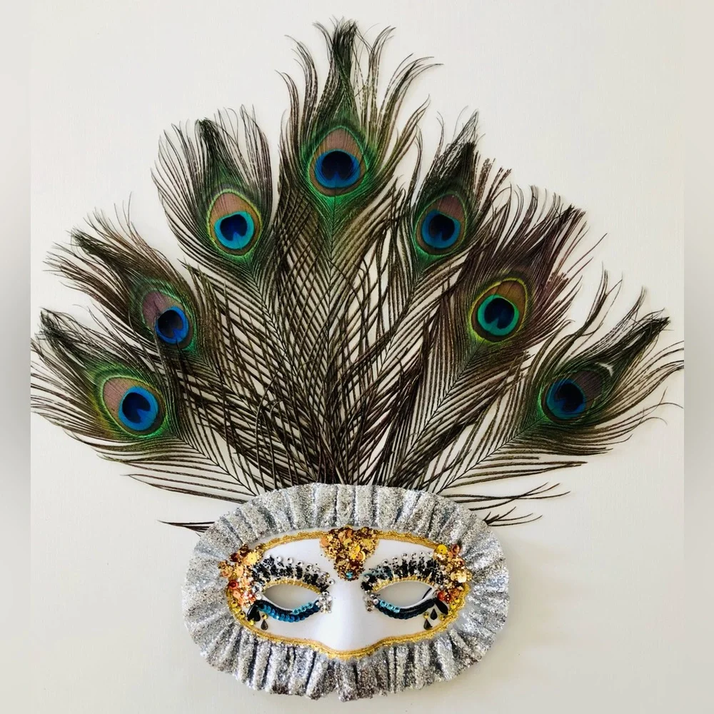 eye mask Mardi Gras Glittering feathered carnival Artisan embellished costume OS